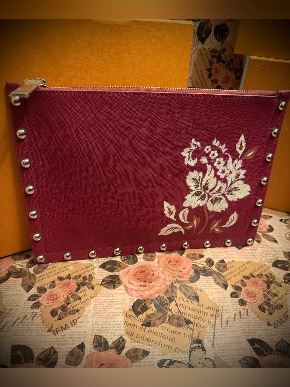 White House Black Market NWOT Floral Studded Zip Clutch